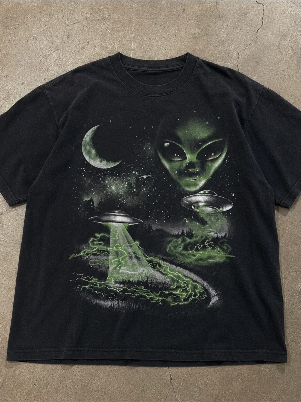 Gildan Black Tee with Green Alien & UFO Graphic